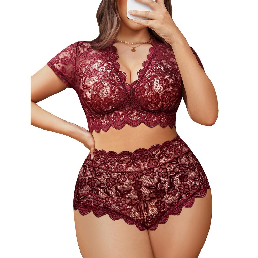 8777 Plus Size Lingerie Floral Lace Scallop Trim Lingerie Set Deep V